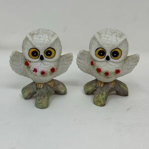 Enesco Imports Vintage Owl Figurines White Red Flowers Perched on Branch Ceramic